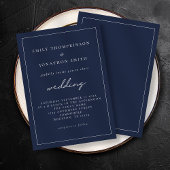 White Script Navy Blauer Text Lone Border Hochzeit Einladung