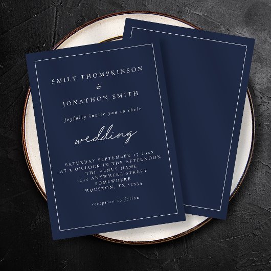 White Script Navy Blauer Text Lone Border Hochzeit Einladung