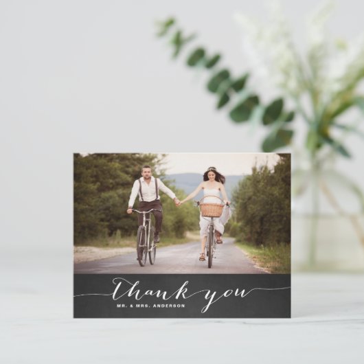 White Script Rustic Wedding Danke Postcard Postkarte (Stehend Vorderseite)