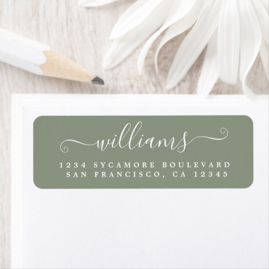 White Script Sage Green Return Address Label (Insitu)