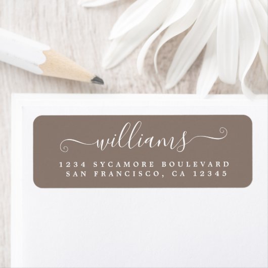 White Script Taupe Gray Return Address Label (Insitu)