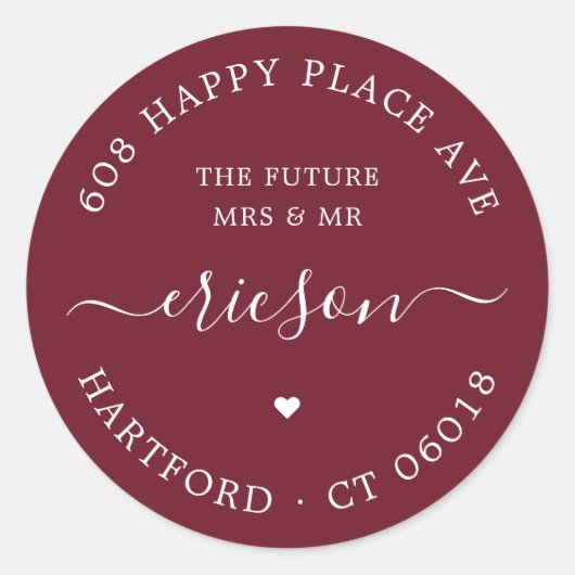 White Script The Future Wedding Rücksendeadresse Runder Aufkleber (Vorderseite)
