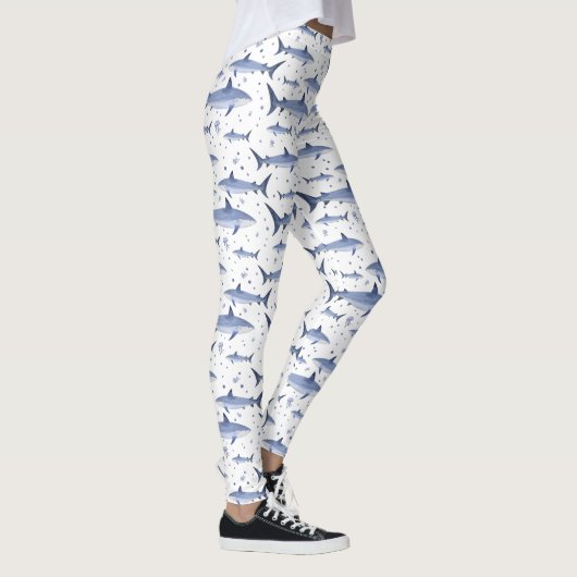 White Sea Life Hai Quellyfish Wasserfarben Muster Leggings (Rechts)