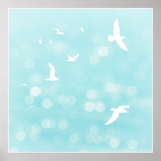 White Seagulls und Blue Bokeh Semi Abstrakt Beach Poster (Vorne)
