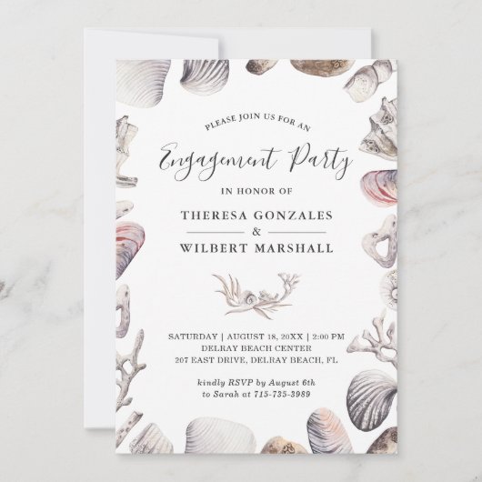 White Seashell and Coral Beach Engagement Party Einladung (Vorderseite)