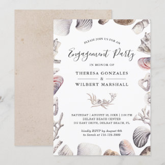 White Seashell and Coral Beach Engagement Party Einladung