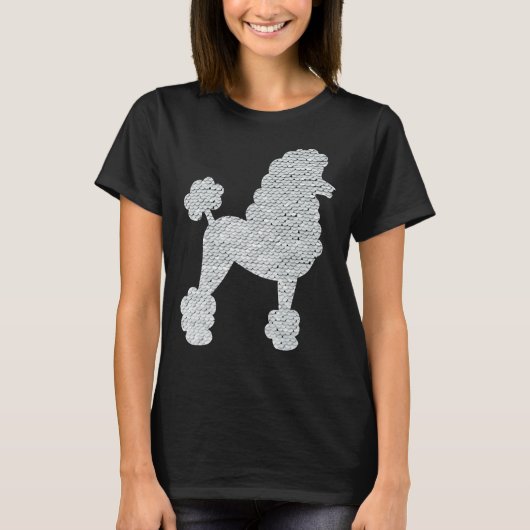 White Sequin Poodle auf schwarzem Hintergrund T-Shirt (Vorderseite)