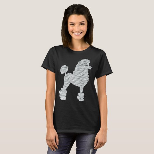 White Sequin Poodle auf schwarzem Hintergrund T-Shirt (Vorne ganz)