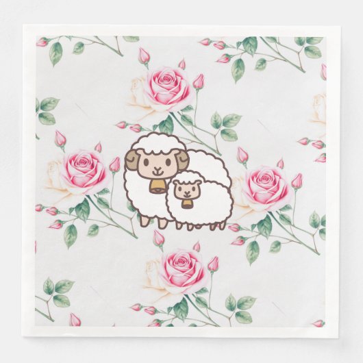 White Sheep with Baby Lamb And Rose Flowers Serviette (Vorderseite)