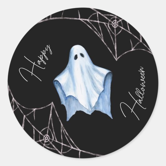 White Sheet Ghost & Cobwebs Schwarzes Halloween Go Runder Aufkleber (Vorderseite)