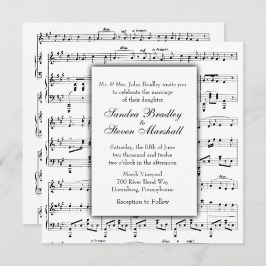 White Sheet Music Theme Wedding Einladung (Vorne/Hinten)