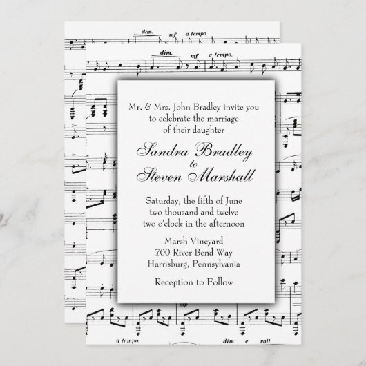 White Sheet Music Theme Wedding Einladung (Vorne/Hinten)