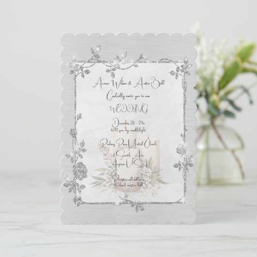 White Shiny Elegant Sparkly Frame Wedding Einladung (Stehend Vorderseite)