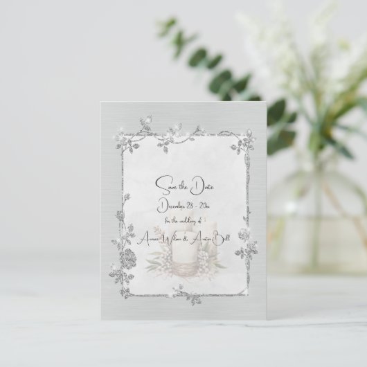 White Shiny Elegant Sparkly Save the Date Postkarte (Stehend Vorderseite)
