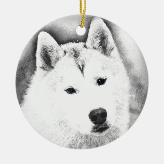 White Siberian Husky w/Blue Eyes Frische Kunst, Di Keramikornament (Vorne)