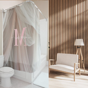 White Silk Pink Monogram Elegant Script Wedding Duschvorhang