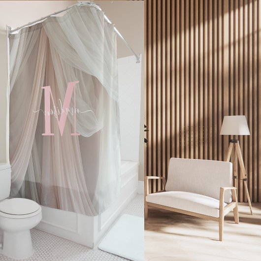White Silk Pink Monogram Elegant Script Wedding Duschvorhang