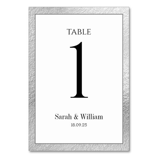 White & Silver Border Wedding Tischnummer (Rückseite)