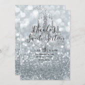 White Silver Glitzer Bokeh Glam Chandelier Party Einladung (Vorne/Hinten)