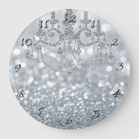 White Silver Glitzer Bokeh Glam Chandelier Sparkle Große Wanduhr (Vorderseite)