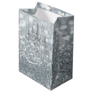White Silver Glitzer Bokeh Glam Chandelier Sparkle Mittlere Geschenktüte