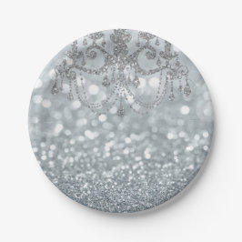 White Silver Glitzer Bokeh Glam Chandelier Sparkle Pappteller