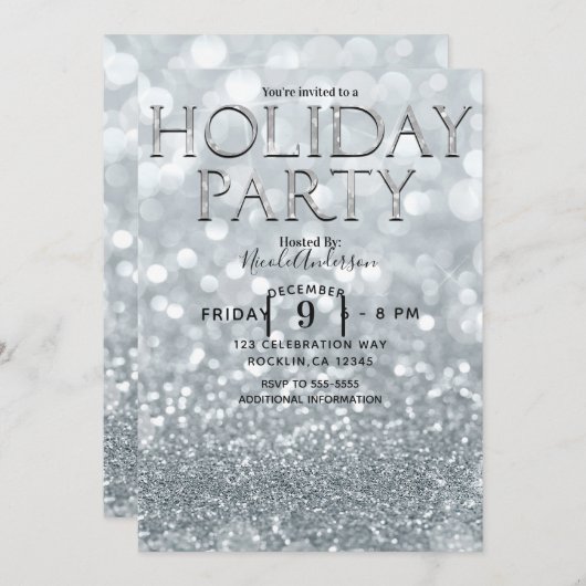 White Silver Glitzer Bokeh Glam Holiday Party Einladung (Vorne/Hinten)