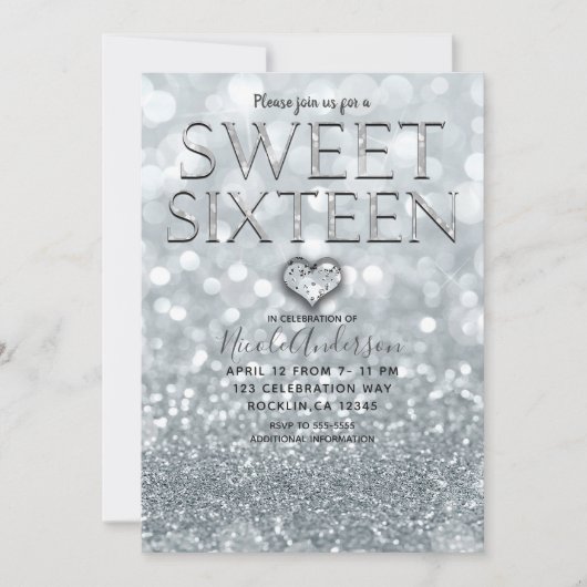 White Silver Glitzer Bokeh Glam Sweet 16 Party Einladung (Vorderseite)