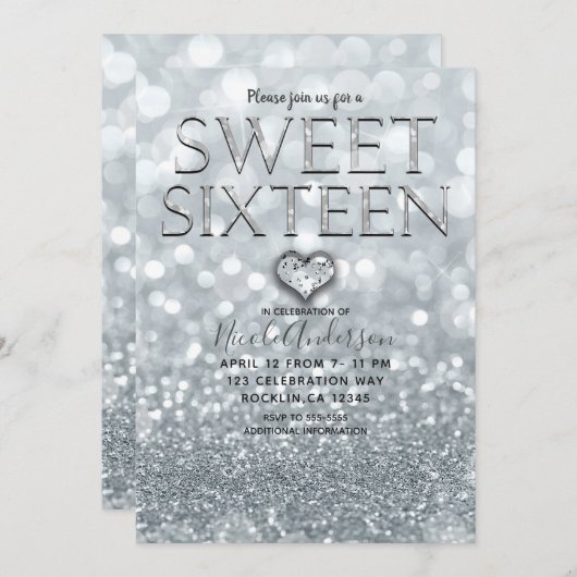 White Silver Glitzer Bokeh Glam Sweet 16 Party Einladung (Vorne/Hinten)