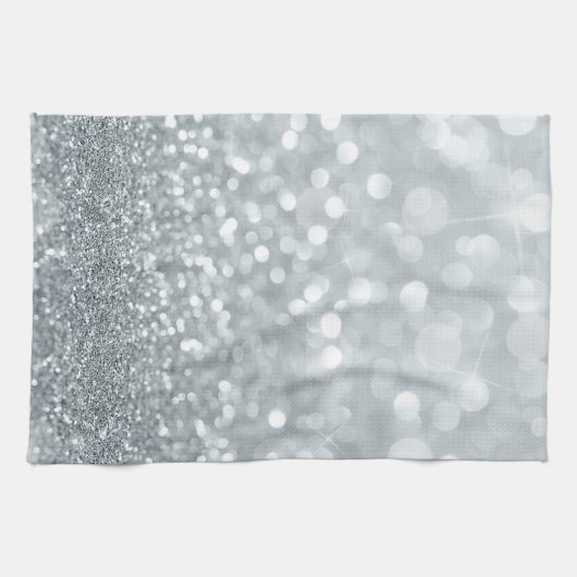 White Silver Glitzer Bokeh Glam Trendy Sparkle Geschirrtuch (Horizontal)