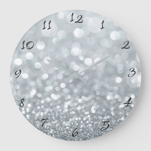 White Silver Glitzer Bokeh Glam Trendy Sparkle Große Wanduhr (Vorderseite)