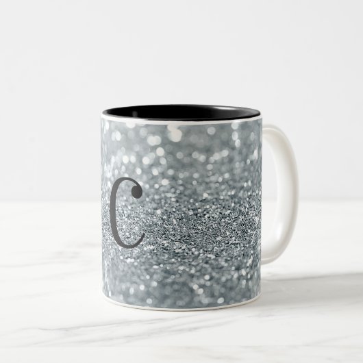 White Silver Glitzer Bokeh Glam Trendy Sparkle Zweifarbige Tasse (VorderseiteRechts)