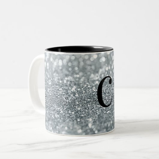 White Silver Glitzer Bokeh Glam Trendy Sparkle Zweifarbige Tasse (Vorderseite Links)