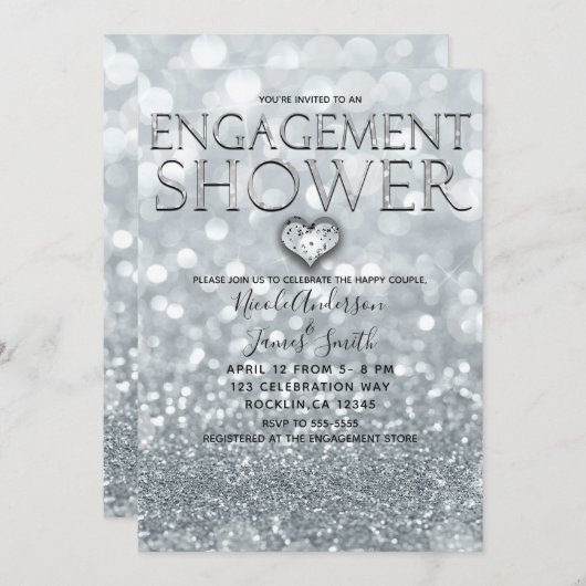 White Silver Glitzer Bokeh Glam Verlobung Dusche Einladung (Vorne/Hinten)