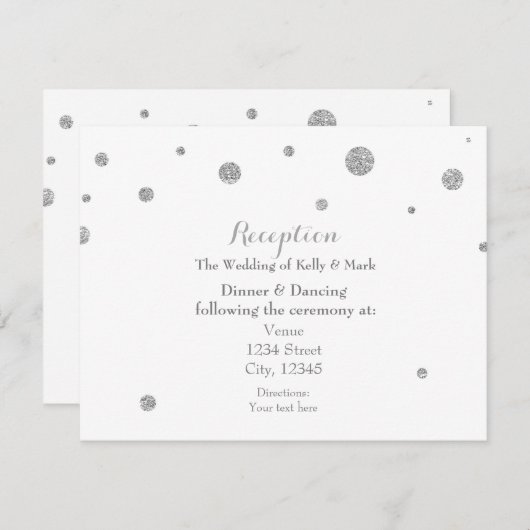 White & Silver Glitzer Dots Wedding Reception Card Begleitkarte (Vorne/Hinten)