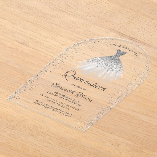 White Silver Glitzer Dress Quinceañera Party Acryleinladungen (Ablage )