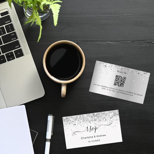 White Silver Glitzer Hochzeitswebsite UAWG QR Code Begleitkarte