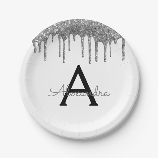 White Silver Glitzer Monogram Birthday Pappteller (Vorderseite)