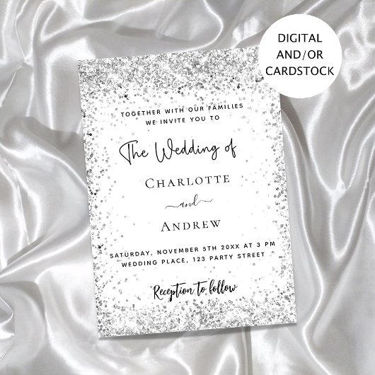 White Silver Glitzer Script Hochzeit Einladung
