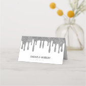 White & Silver Glitzer Tropfen Hochzeitsempfang Platzkarte (Rückseite)