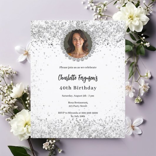 White silver photo diamonds birthday einladung