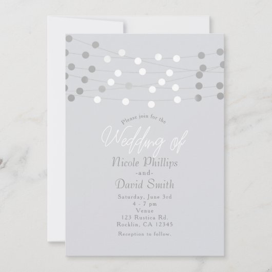 White Silver String Lights Moderne schicke Hochzei Einladung (Vorderseite)