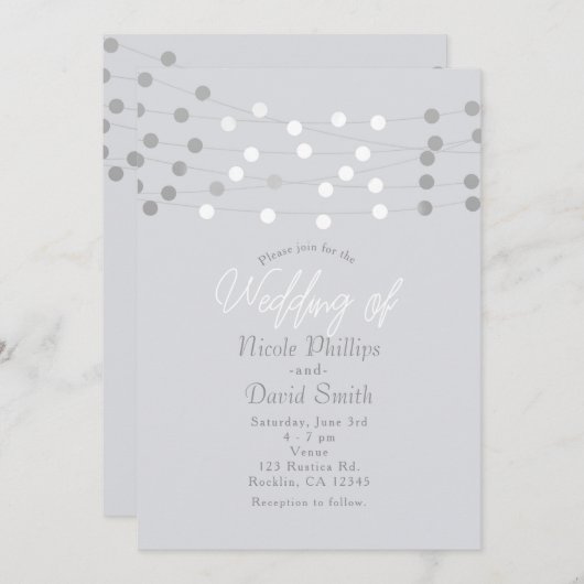 White Silver String Lights Moderne schicke Hochzei Einladung (Vorne/Hinten)