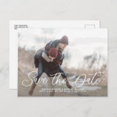 White Simple Calligraphy Save the Date Foto Ankündigungspostkarte (Vorne/Hinten)