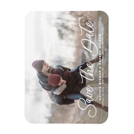 White Simple Calligraphy Save the Date Foto Magnet (Vertikal)