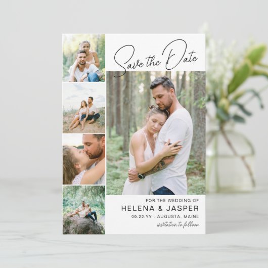 White Simple Clean 5 Foto Collage Save The Date (Stehend Vorderseite)