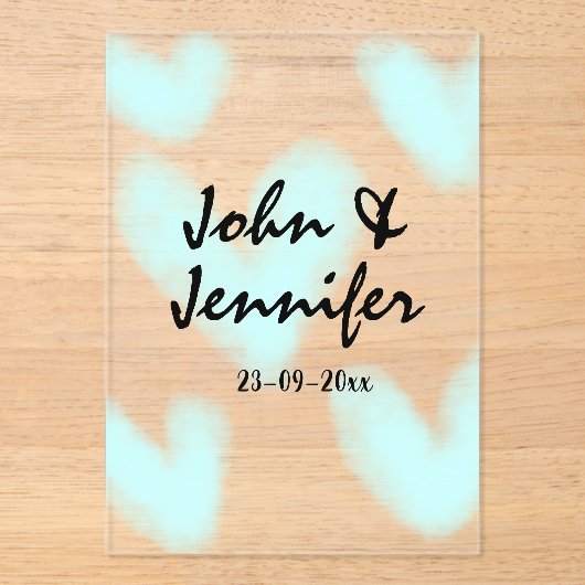 white simple minimal text style wedding blue heart acryleinladungen (Vorderseite)