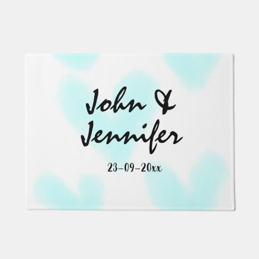 white simple minimal text style wedding blue heart fußmatte (Vorderseite)