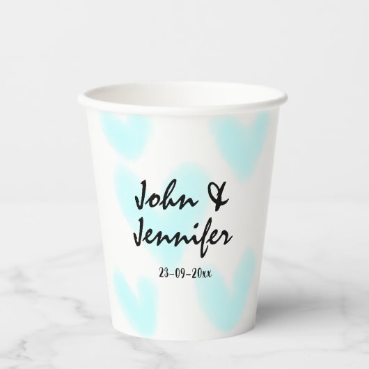 white simple minimal text style wedding blue heart pappbecher (Vorderseite)