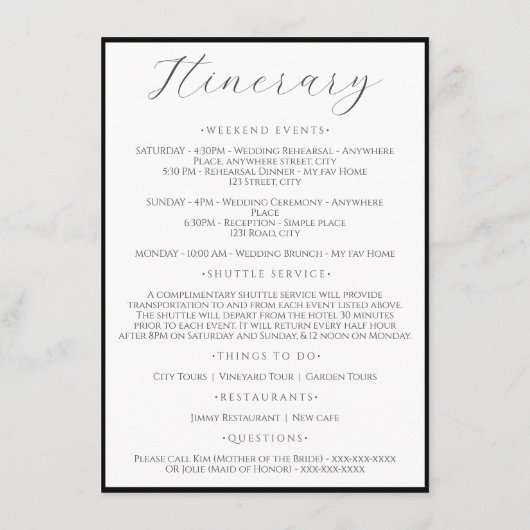 White simple minimalist Hochzeitswochenende Begleitkarte (Rückseite)